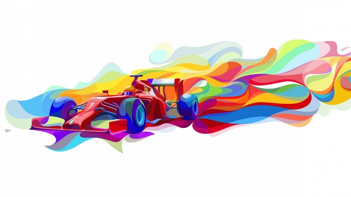 Formula 1 car with colorful abstract smoke