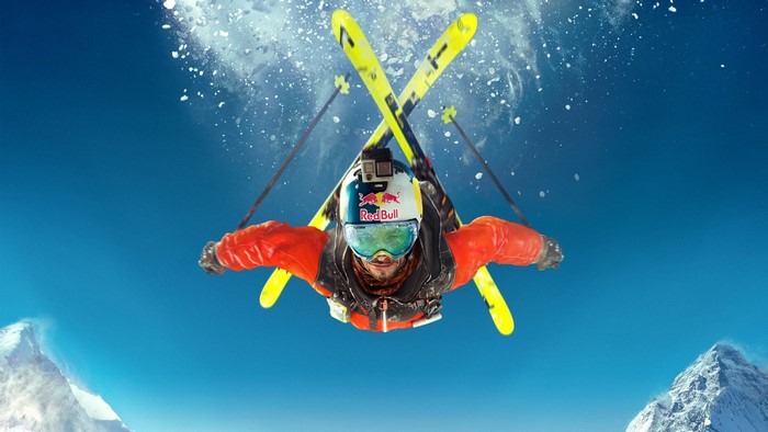Skier in mid-air with Red Bull helmet