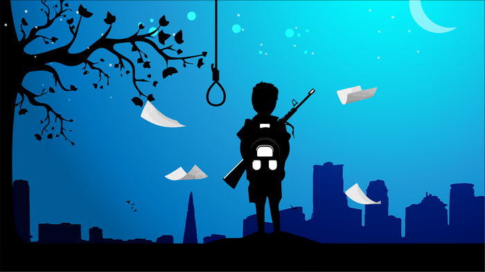 Silhouette of a child with a rifle and backpack
