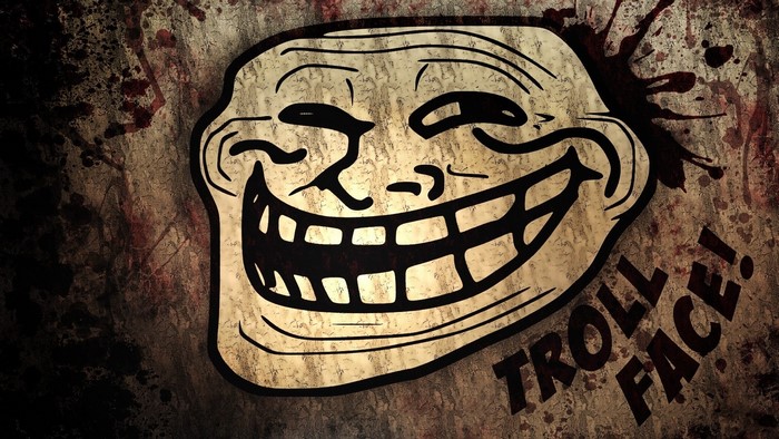 Trollface meme with blood splatters