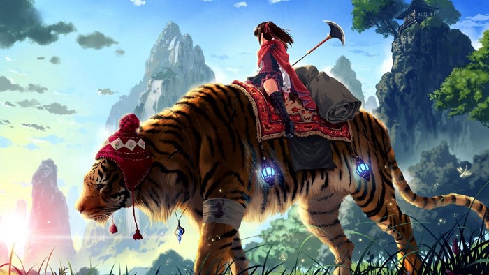 Girl riding a tiger with a weapon