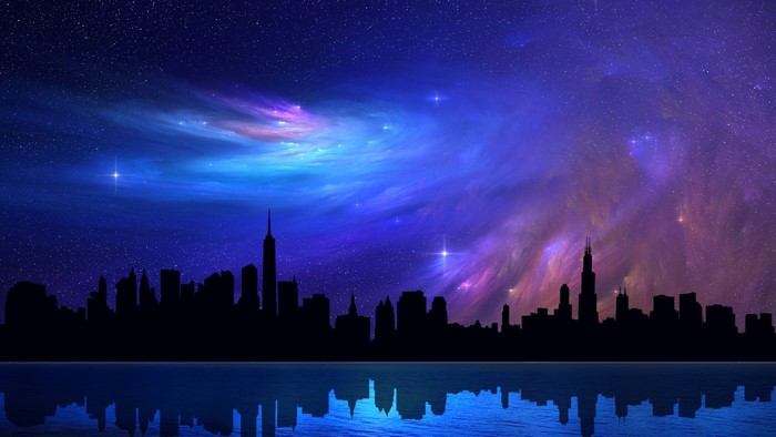 City Skyline Under a Colorful Nebula Sky