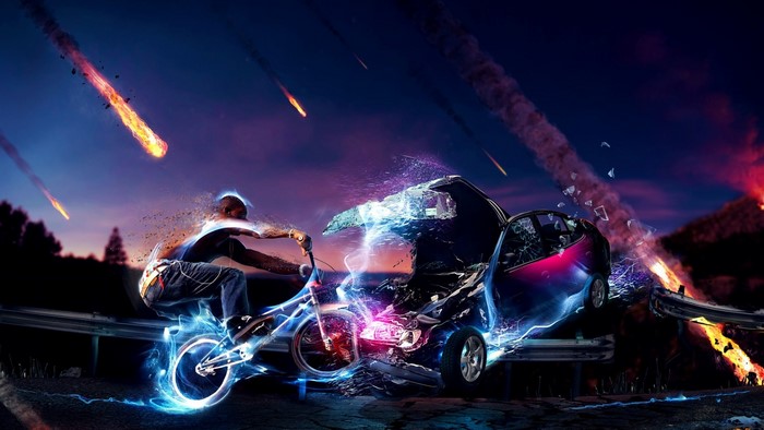 BMX rider and car crash with meteors