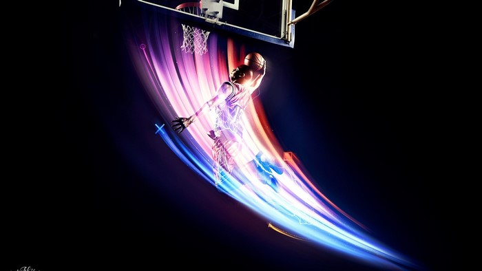 Basketball player dunking with light trails
