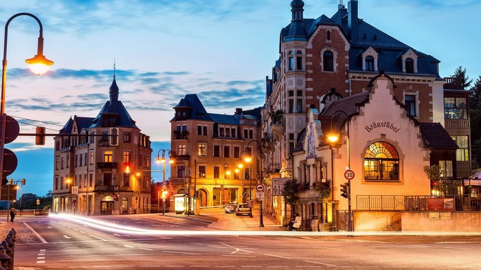 Street view of buildings in Wachwitz, Dresden, Germany at dusk