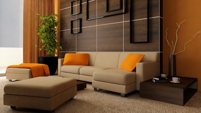 Modern Living Room with Beige Sofa and Orange Accents