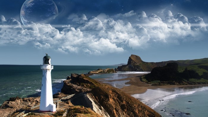 Lighthouse on a rocky coast with a planet in the sky