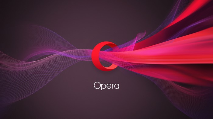 Opera logo with abstract red and purple waves