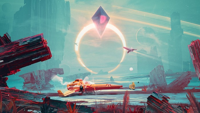 No Man's Sky alien planet with ships and structures