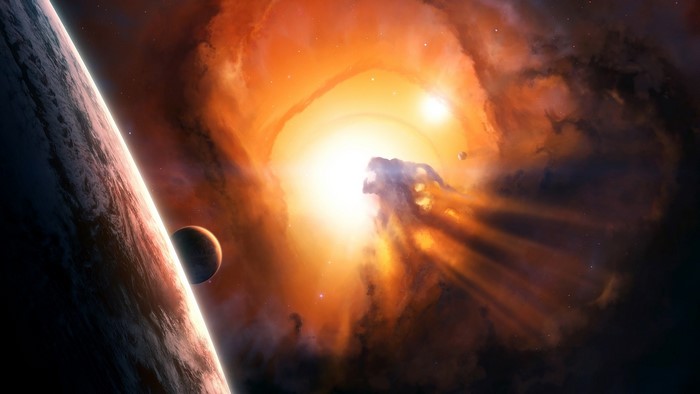 Space black hole with planets and nebula