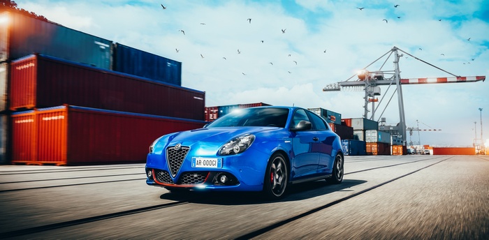 Blue Alfa Romeo Giulietta Quadrifoglio Verde at Port