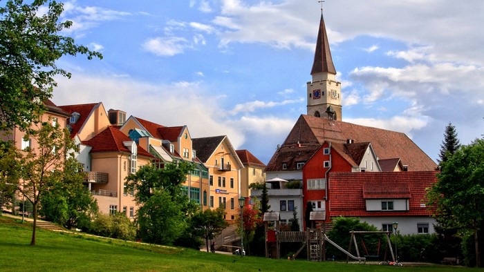 Houses and church in a German town
