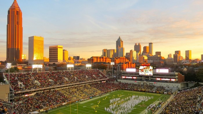 Bobby Dodd Stadium with Atlanta Skyline at Sunset