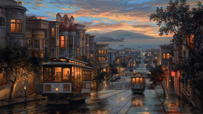 San Francisco Cable Cars at Sunset