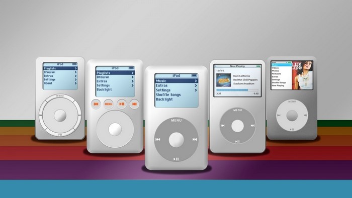 Multiple iPod models displayed in a row
