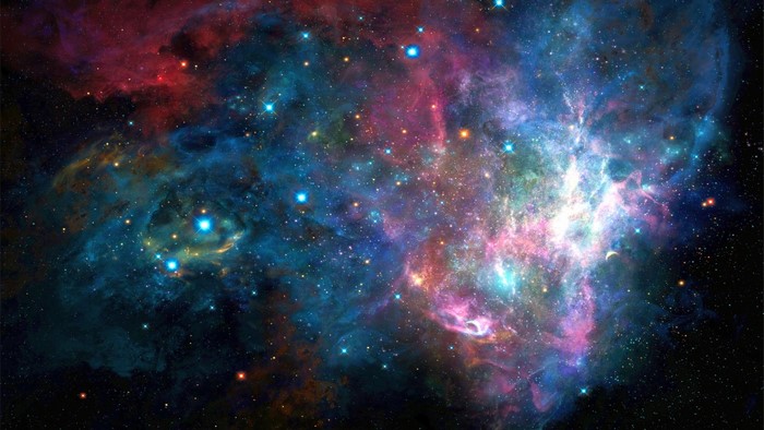 Colorful nebula with stars and galaxies