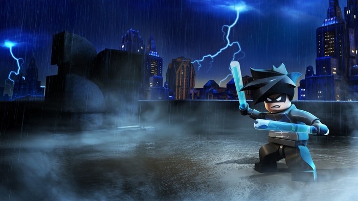 Nightwing from Lego Batman in a stormy city