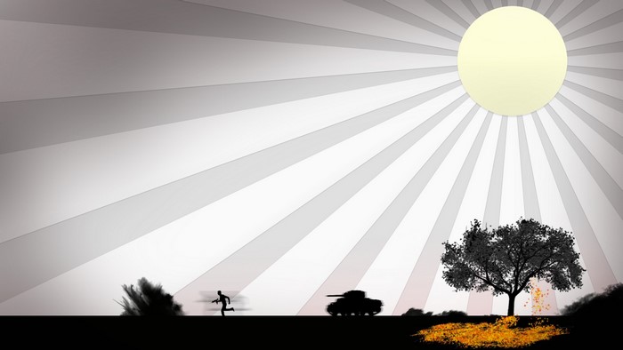 Silhouette of a soldier running from an explosion near a tank