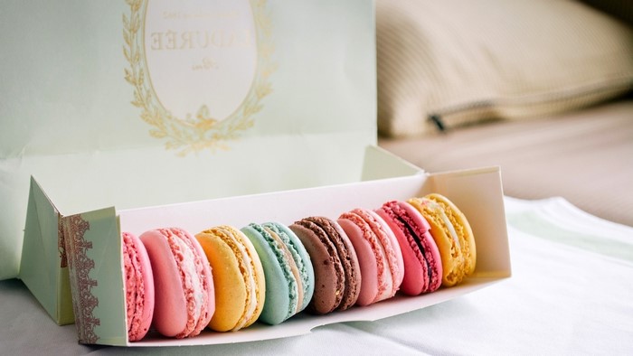 Assortment of colorful macarons in a box