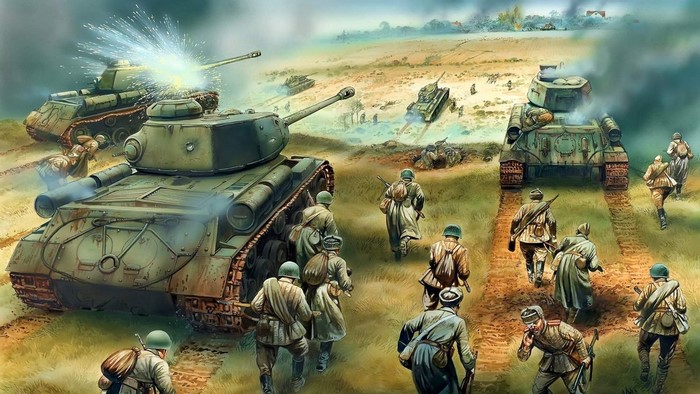 World War II painting of tanks and soldiers in battle