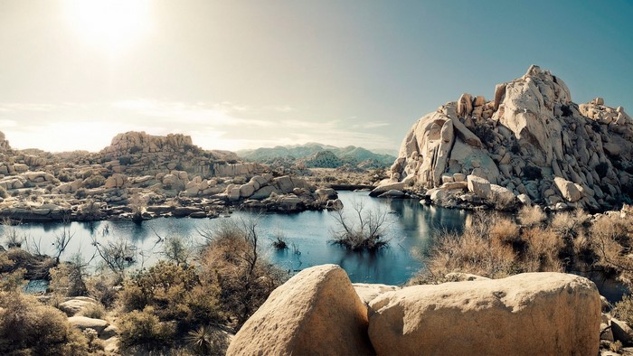 Desert Rock Formations and Lake in Joshua Tree National Park, California