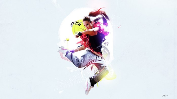 Woman dancing in mid-air with abstract graphics