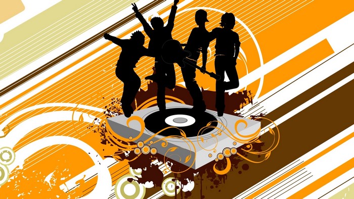Silhouettes of people dancing on a turntable