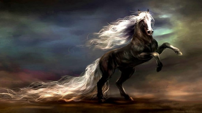 Dark Horse Rearing with Flowing Mane and Tail