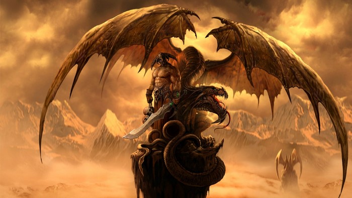 Man with sword on dragon with wings