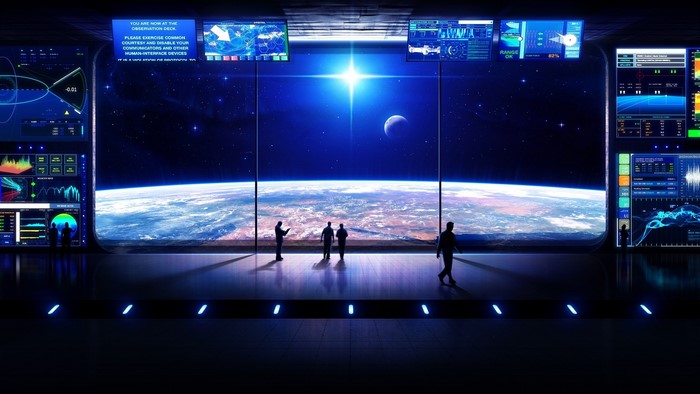 Spaceship observation deck overlooking Earth