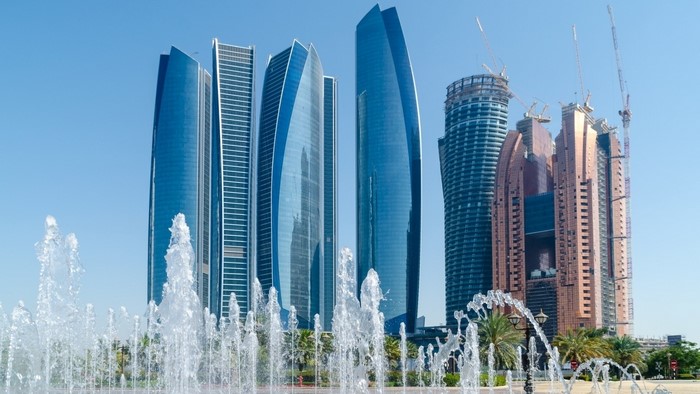 Modern skyscrapers and fountains in Abu Dhabi