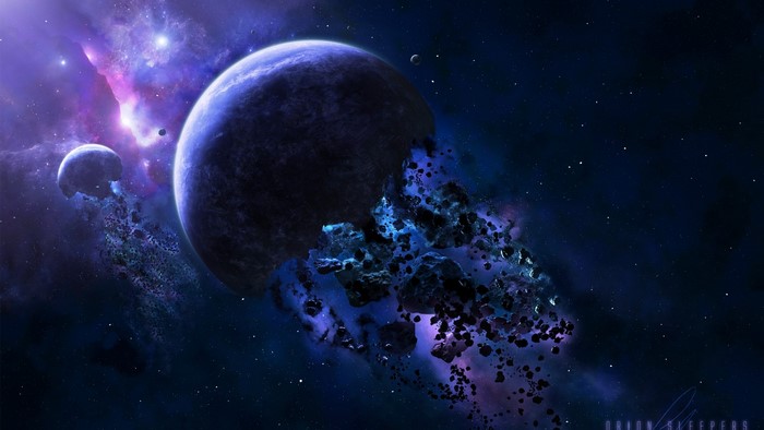 Space scene with planets and asteroids