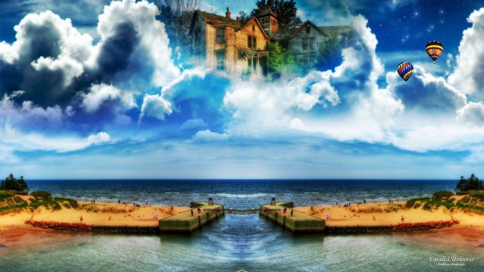 Fantasy dream world with houses in clouds and hot air balloons