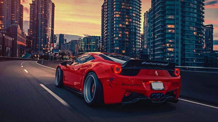Red Liberty Walk Ferrari 458 Driving in City