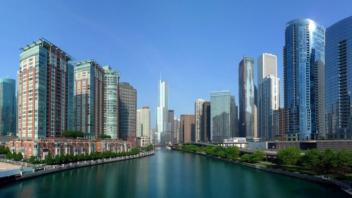 Chicago River and Cityscape with Tall Buildings
