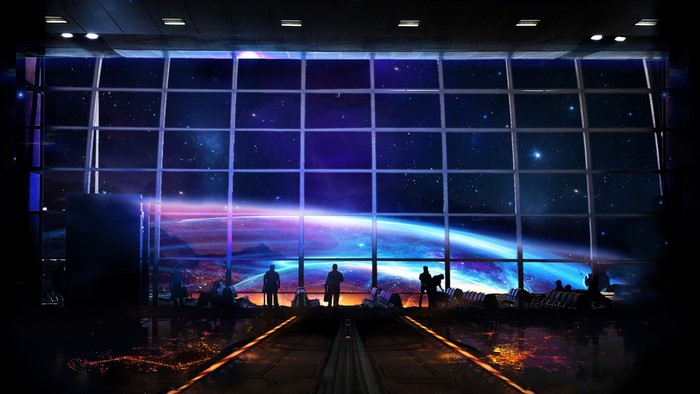 People in a futuristic station looking at a planet and stars