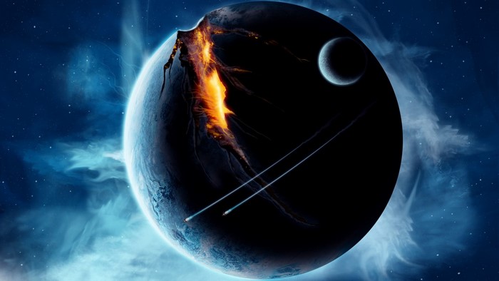 Destroyed Planet with Moon and Spaceships