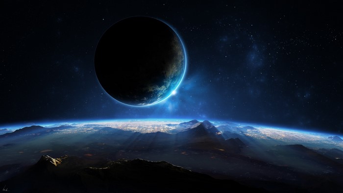 Distant planet in space over Earth