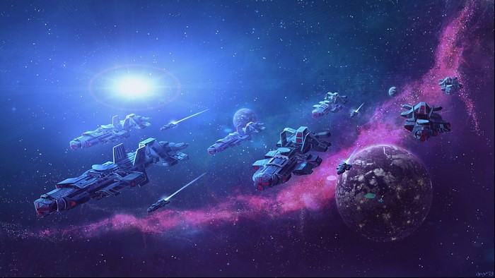 Sci-fi space fleet with planets and nebula