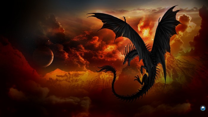 Black Dragon in Fiery Sky with Planet