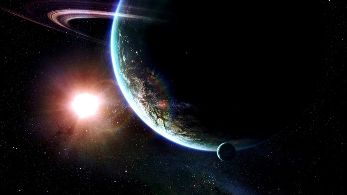 Planet with rings and moon in space near a star