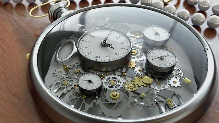 Antique pocket watch with multiple clock faces and gears