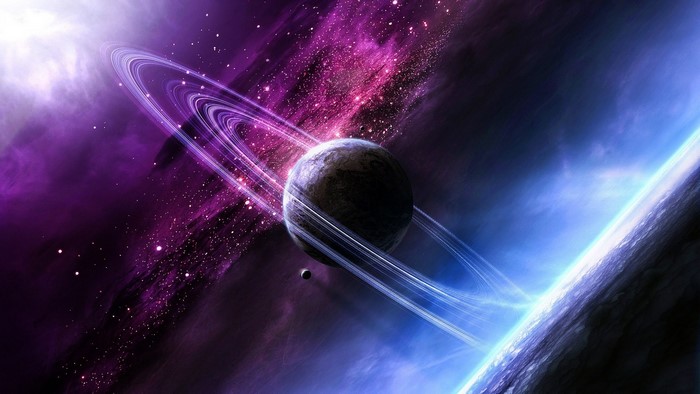 Planet with rings in a purple and blue nebula