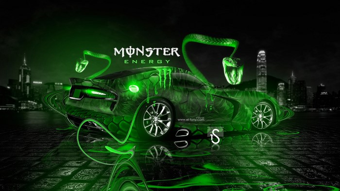 Monster Energy car with snakes and city skyline