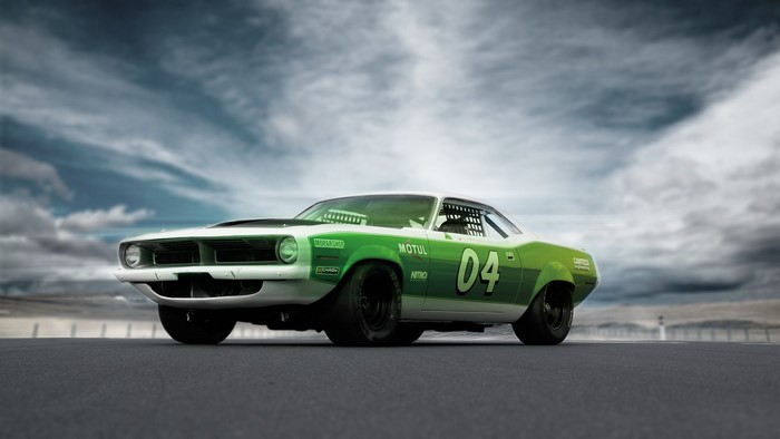 Green and white classic Plymouth Barracuda race car