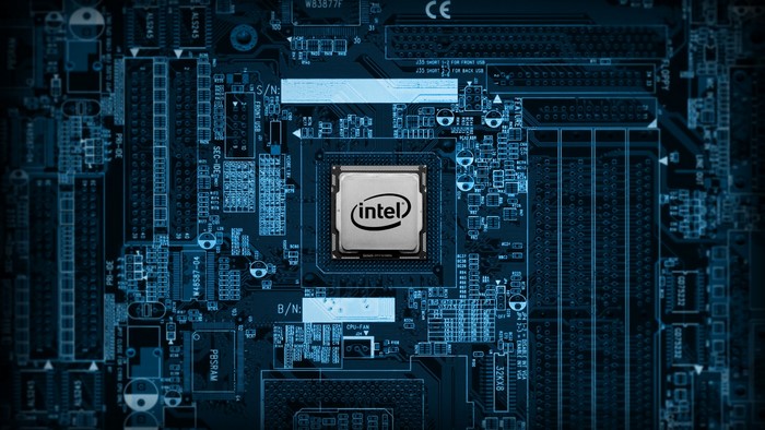 Intel CPU on a blue motherboard