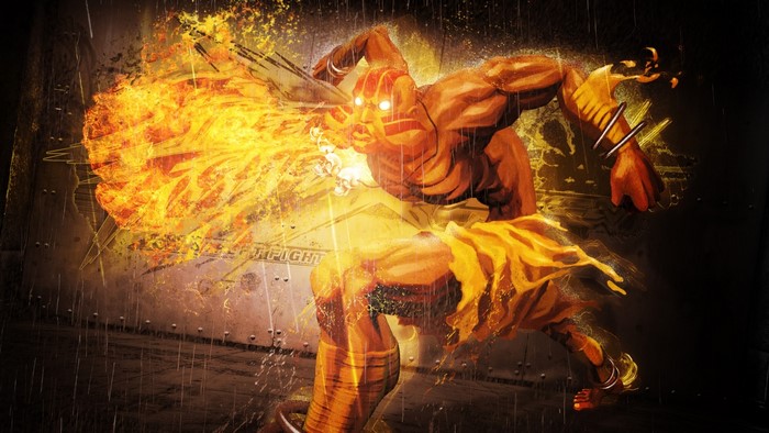 Dhalsim from Street Fighter breathing fire