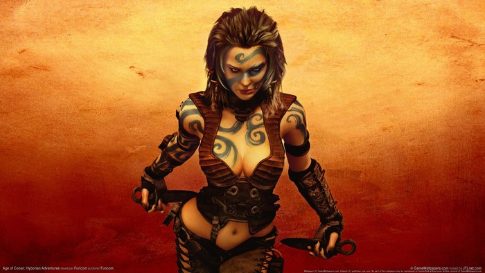 Warrior woman with face paint and tattoos from Age of Conan