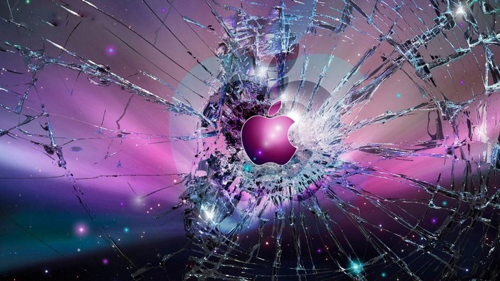 Cracked Screen with Apple Logo and Galaxy Background