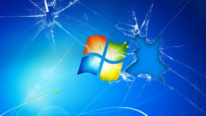 Windows logo on a cracked blue screen